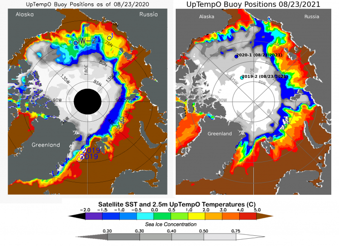 Figure 9. Sea-ice concentration (gray scale) and sea surface temperature (SST; color scale), for (left panel) 23 August 2020 and (right panel) 23 August 2021. Figures taken from the UpTempO buoy website.