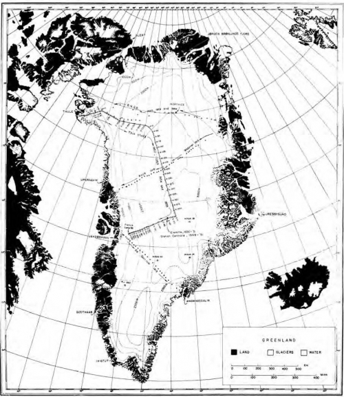 Map of Benson traverses of Greenland ice sheet 1952-56