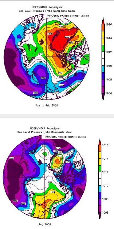 Figure 3. SLP patterns for June/July 2008 and August 2008. Credit: NOAA/CDC.