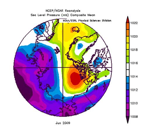 Figure 5. Sea level pressure analysis for June 2009.