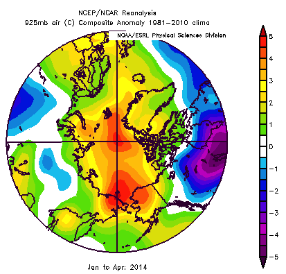 Figure 6. Air temperature anomaly at the 925 mb level for January - April. From NCEP/NCAR Reanalysis.