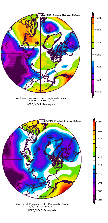 Figure 7. Sea level pressure for 1 July – 12 August 2014 (top) and 2013 (bottom). From NCEP/NCAR Reanalysis fields.