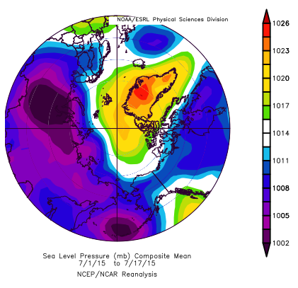 Figure 9. Sea level pressure for 1-17 July 2015. From NCEP/NCAR Reanalysis.