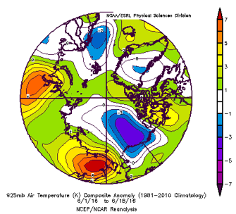 Figure 10. 925 hPa air temperature anomalies from June 1 to June 18 relative to 1981-2010. From NCEP/NCAR Reanalysis.