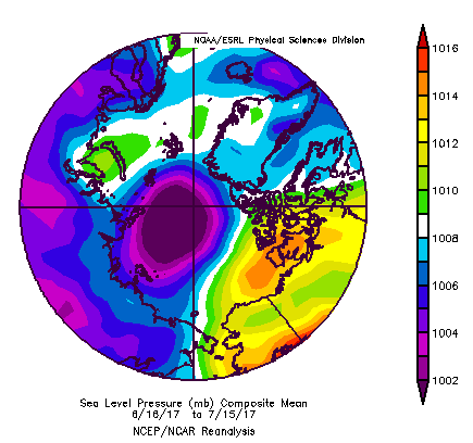Figure 9. Sea level pressure field for mid-June through mid-July. From NOAA/ESRL/PSD.