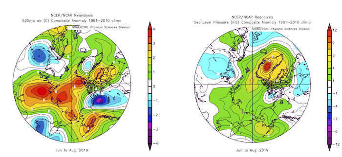 Figure 3d-1. June-August 2019 anomalies of Arctic 925 hPa air temperature anomalies (left panel) and sea level pressure (right). Plots created on ESRL web plotting site using NCEP reanalysis. 