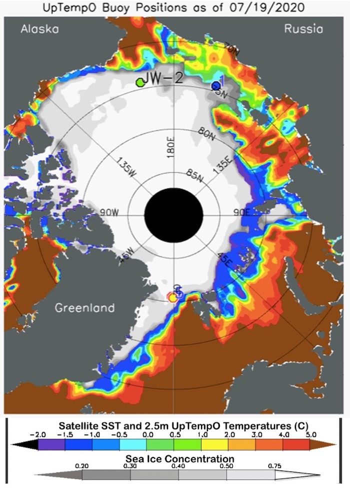 Figure 12. Sea-ice concentration (gray scale) and sea surface temperature (SST; color scale), for 19 July 2020. taken from the UpTempO buoy website.