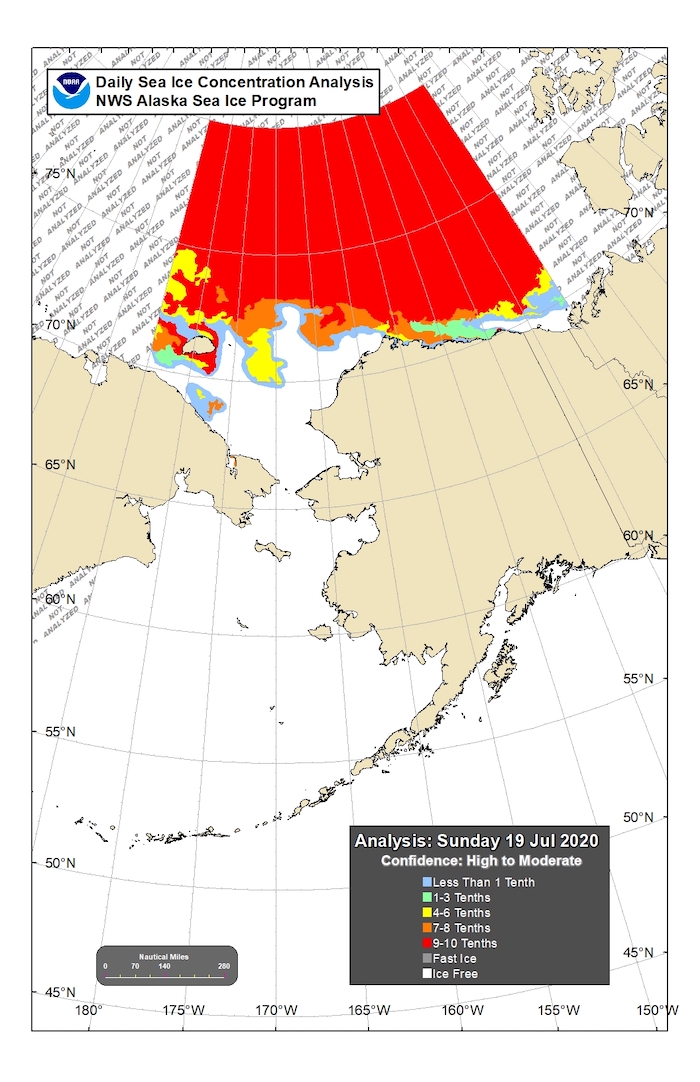 Figure 13. Sea-ice conditions for the northern Bering and Chukchi seas for mid-July. Figure courtesy of the National Weather Service (NWS) Alaska Sea Ice Program (ASIP).