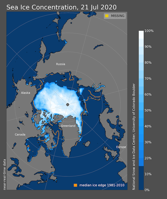 Figure 8. Arctic sea-ice extent and concentration for 20 July 2020, along with the median ice edge for 1980 to 2000, showing greatly reduced ice extent on the Russian side of the Arctic, as well as in Baffin Bay. 
