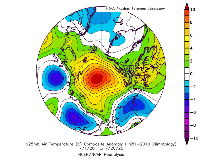 Figure 10: Departure from average air temperature in the Arctic at the 925 hPa level, in degrees Celsius, from 1–20 July 2020. Yellows and reds indicate higher-than-average temperatures; blues and purples indicate lower-than-average temperatures. Credit: NOAA Earth System Research Laboratory Physical Sciences Division