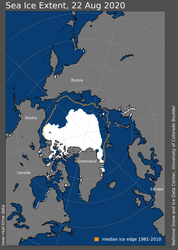 Figure 10. Arctic sea-ice extent and concentration for 22 August 2020, along with the median ice edge for 1980 to 2000. Figure courtesy of the National Snow and Ice Data Center.