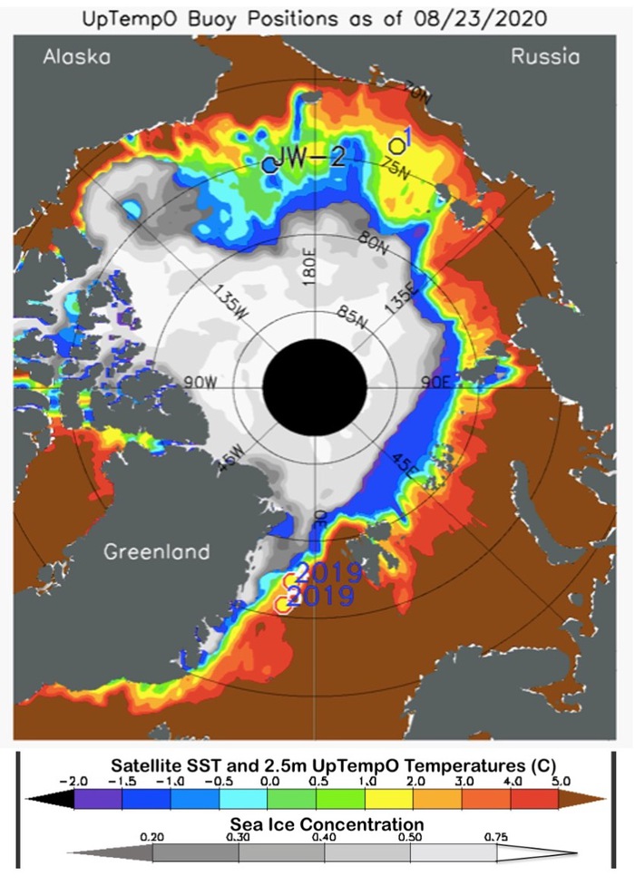 Figure 13. Sea-ice concentration (gray scale) and sea surface temperature (SST; color scale), for 23 August 2020. Taken from the UpTempO buoy website.