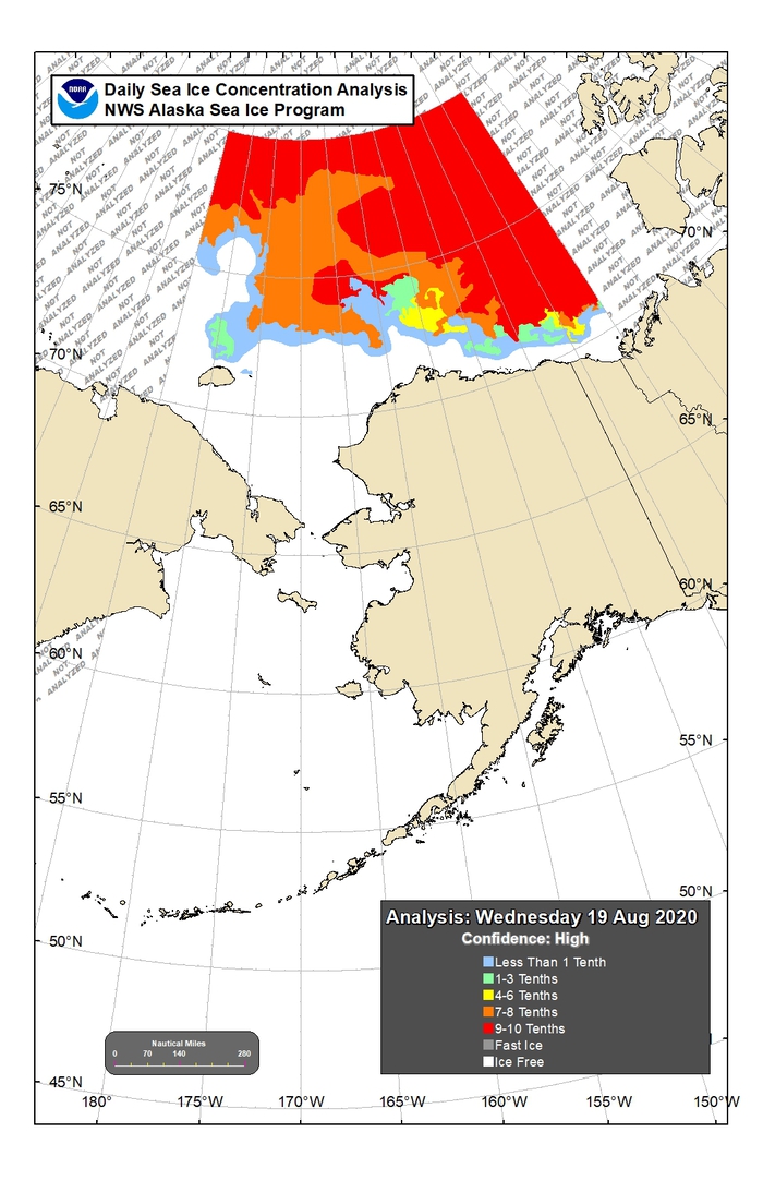 Figure 14. Sea-ice conditions for the northern Bering and Chukchi seas for 19 August 2020. Figure courtesy of the National Weather Service (NWS) Alaska Sea Ice Program (ASIP).