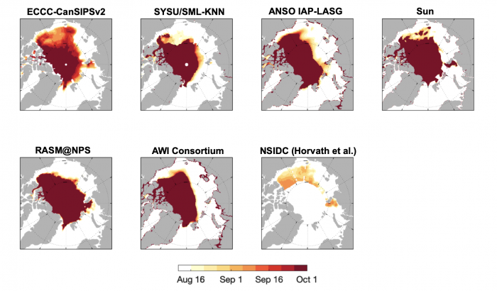 Figure 11. Forecast of IFD using a 15% SIC threshold from eight contributors. Dark red shading in the central Arctic indicates that SIC never reaches the 15% threshold. Figure courtesy of Edward Blanchard-Wriggelsworth.