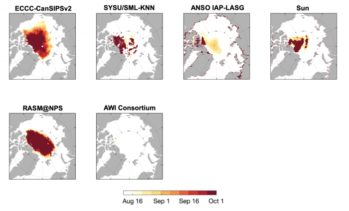 Figure 12. Forecast of IFD using a 80% SIC threshold from eight contributors. Dark red shading in the central Arctic indicates that SIC never reaches the 15% threshold. Figure courtesy of Edward Blanchard-Wriggelsworth.