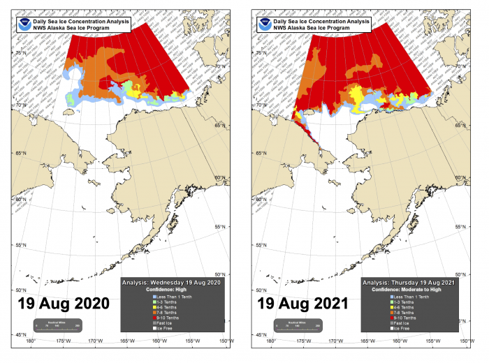 Figure 15. Sea-ice conditions for the Alaska Region for mid-August 2020 and 2021. Figure courtesy of the National Weather Service (NWS) Alaska Sea Ice Program (ASIP).