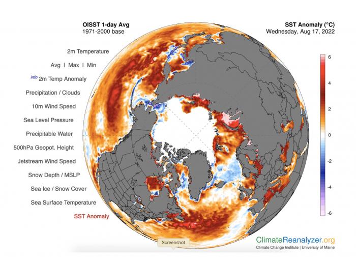 Figure 16. Sea surface temperature (SST) anomaly for 17 August 2022, relative to the average of that day over the years 2000–2021, using the same SST data set as in Figure 15. Figure downloaded from ClimateReanalyzer.org at the Climate Change Institute, University of Maine.