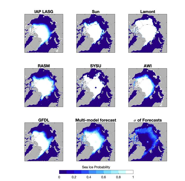 Figure 6. September Sea ice probability from 7 forecasts, the multi-model forecast, and standard deviation across the 7 forecasts.