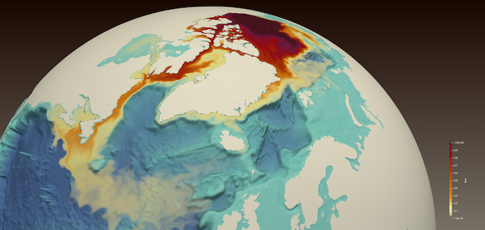 Figure 1. A simulated red dye tracer released from the Beaufort Gyre in the Arctic Ocean (center top) shows freshwater transport through the Canadian Arctic Archipelago, along Baffin Island to the western Labrador Sea, off the coast of Newfoundland and Labrador, where it reduces surface salinity. At the lower left is Newfoundland (triangular landmass) surrounded by orange color representing fresher water, with Canada&#39;s Gulf of St. Lawrence occupied by weaker freshening. Image courtesy of Francesca Samsel an