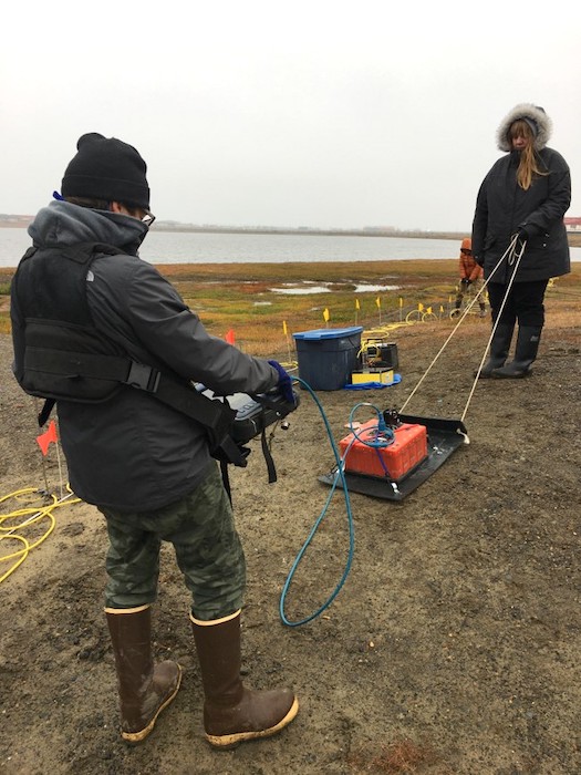Figure 2. Team members conducting ground penetrating radar (GPR) at different locations within Utqiaġvik, Alaska. Photo courtesy of Luis Felipe Rosado Murillo.