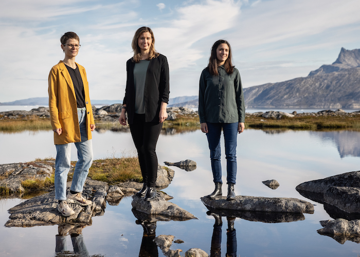 Figure  1: International Arctic Hub staff in Nuuk, pictured from left to right are Nicoline Larsen, Communications Officer; Anna-Sofie Skjervedal, Head of Secretariat; and Jula Maegaard-Hoffmann, Project Manager. Photo courtesy of Christian Sølbeck.