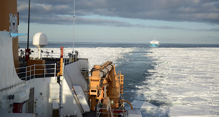 The U.S. Coast Guard awarded five firm fixed price contracts for heavy polar icebreaker design studies and analysis 22 February 2017.  The studies will inform the Coast Guard&#39;s acquisition of heavy polar icebreakers to replace the current operational fleet that includes one heavy polar icebreaker, USCGC POLAR STAR (foreground, shown cutting a channel in the Ross Sea as part of Operation Deep Freeze 2017).  U.S. Coast Guard photo by Chief Petty Officer David Mosley.