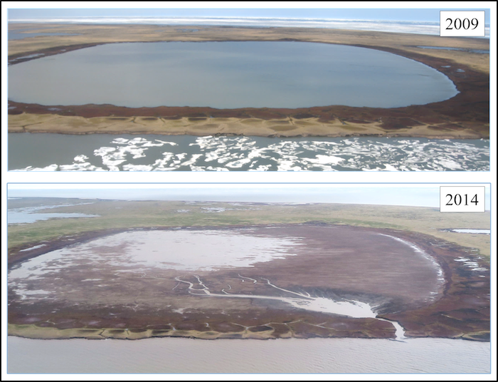 Figure 1. Example of a lake that drained on the North Slope of Alaska in early July 2014. Photo courtesy of Benjamin M. Jones.