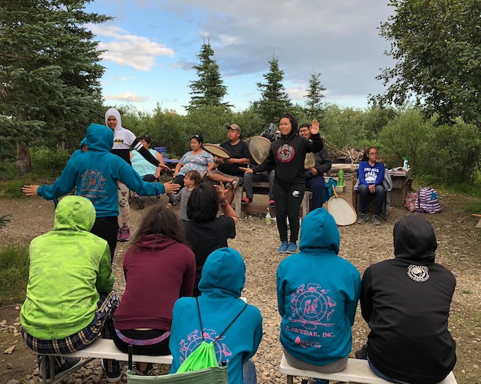 Photo 2. Camp Igaliq brought in Nome St. Lawrence Island Drummers and Dancers for drumming and dancing. Photo courtesy of Kawerak, Inc.