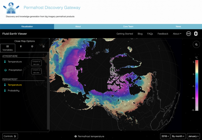 Figure 1. A custom data portal for the Navigating the New Arctic (NNA) project focused on building the Permafrost Discovery Gateway, showing an interactive global map with permafrost temperature values from Obu et al. (2019). Future versions of the portal system will support additional custom visualizations, embedded interactive maps, and embedded analysis applications.