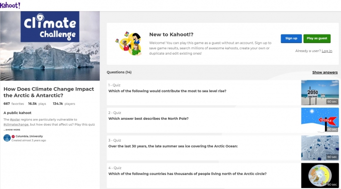 Figure 1. Screenshot of the first four questions in the polar Kahoot! of the Climate Challenge (Turrin et al., 2019). Each question has an accompanying image. Sometimes the image provides information relevant to answering the question. Answers are hidden in this image. 