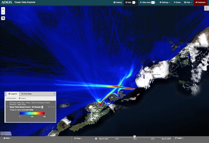 Figure 1. A screen capture from the AOOS Ocean Data Explorer portal map showing historic AIS vessel tracking data from December 2015-December 2016 in the southern Bering Sea. Image courtesy of AOOS.