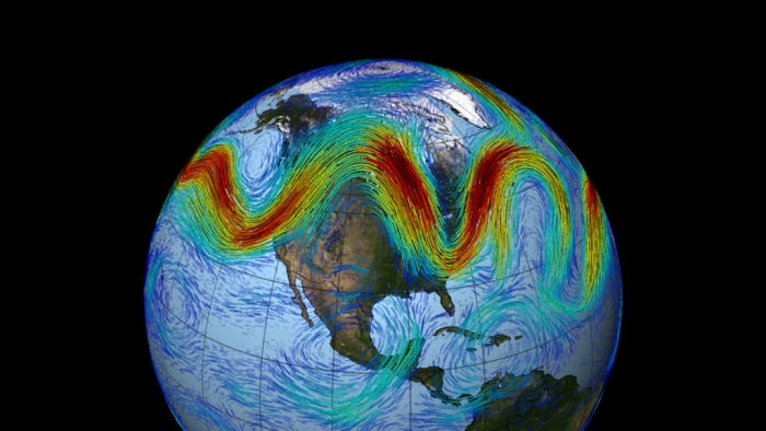 Figure 1. Schematic depiction of the jet stream, with troughs (southward excursions above cold air at the surface) and ridges (northward excursions above warm air at the surface) that amplify in regimes of atmospheric &quot;blocking&quot;. The pattern of waves normally progresses from west to east, but becomes nearly stationary in instances of blocking. Image courtesy of NASA.