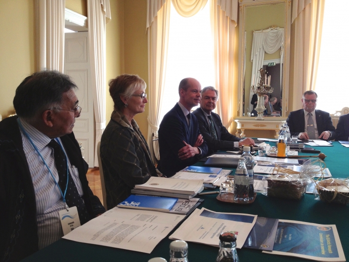 Meeting of the U.S. Arctic Research Commission and the Finnish Prime Minister's Arctic Advisory Board in Helsinki, 10 April 2014. From left: Edward Itta (USARC Commissioner), Fran Ulmer (USARC Chair), State Secretary Olli-Pekka Heinonen (Chair of Finland's Arctic Advisory Board), Ambassador Hannu Halinen (Executive Secretary of Arctic Advisory Board), and Esko Lotvonen (Mayor, City of Rovaniemei). Photo courtesy of John Farrell.