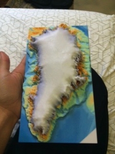 3-d printing model of Greenland with sea-ice extent from NSIDC contributed by Alex Boghosian, Lamont-Doherty Earth Observing Laboratory, Columbia University. Image courtesy of Chris Mattmann. 3-d printing model of Greenland with sea-ice extent from NSIDC contributed by Alex Boghosian, Lamont-Doherty Earth Observing Laboratory, Columbia University. Image courtesy of Chris Mattmann.