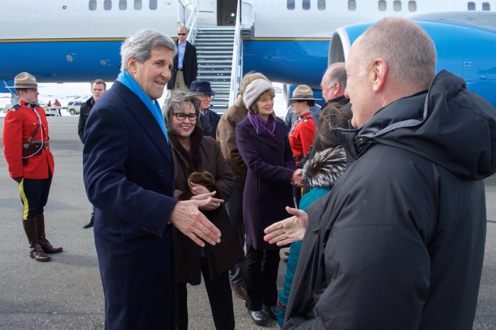 During its chairmanship of the Arctic Council, the United States will pursue an international agreement that coordinates and promotes improved scientific research cooperation among the eight Arctic states. Secretary of State John Kerry arrives in Iqaluit, Canada, for the 2015 Arctic Council Ministerial Meeting. Image courtesy of USARC.