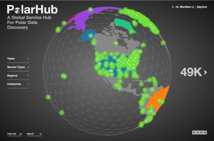 Figure 1: On the graphic user interface of PolarHub 2.0 above, numbers positioned on the globe show the amount of geospatial data services found and hosted at each location. Statistical information of PolarHub-identified data services, according to type, is displayed at the lower-left corner. The Task bar allows an authored user to create a new crawling task. PolarHub also allows data filtering using criteria such as Service Type, Coverage Region, and Categories (Themes). Image courtesy of Wenwen Li.
