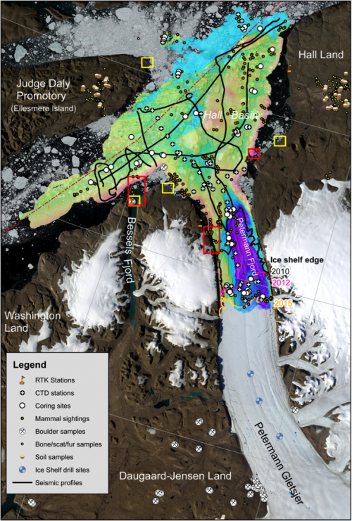 Summary map of the Petermann/Nares system, bathymetry, track lines, and sample locations. Image courtesy of Petermann Expedition.