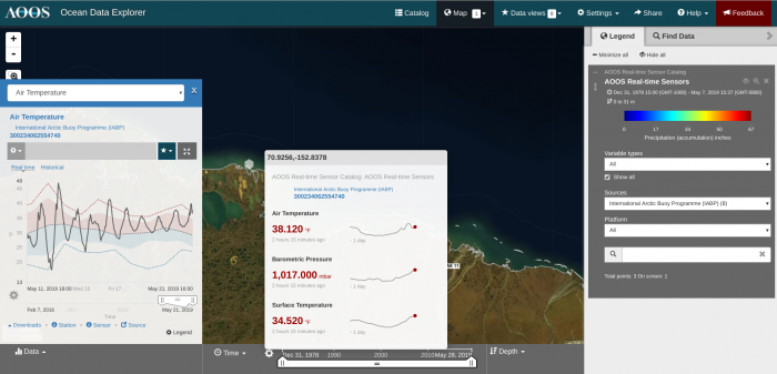 Figure 1. AOOS&#39; Ocean Data Explorer&#39;s data visualizations include real time data visualizations and time sliders that allow portal users to view data over time. Captured here is a view of real time sensor data and historical data from the same sensor, part of the International Arctic Buoy Programme Air Temperature dataset. Image courtesy of the AOOA Ocean Data Explorer. 