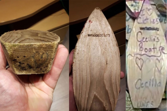 Figure 1. Left and middle: The first boat, recovered in October 2018, showing the effects of three years of weathering. Right: the boat in its original condition. Photos left and middle courtesy of Bolli Thor, photo right courtesy of the GEOTRACES Project. 