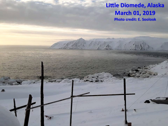 Photo of Little Diomede and the Bering Strait Region on 1 March 2019. Photo courtesy of E. Soolok.