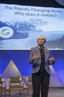 Fran Ulmer, U.S. Arctic Research Commission Chair, welcomes the public to the keynote presentations during Arctic Matters Day. Photo courtesy of National Academies, Arctic Matters.