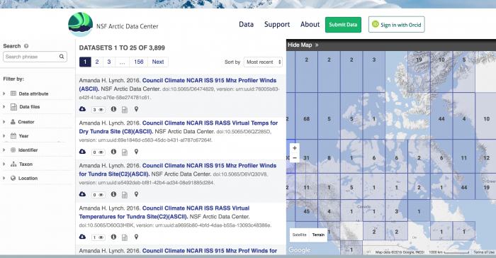 Figure 1: Arctic Data Center discovery portal, showing the geographic distribution of data sets, the list of recently added data sets, and filtering tools for precisely searching for data of interest. Image courtesy of the Arctic Data Center.
