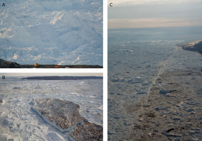 Figure 1: Photographs of ice mélange taken at Jakobshavn Isbræ, Greenland. (A) Iceberg clasts can range in size from decimeters to hundreds of meters. (B) In a dense ice mélange, no water is visible at the surface of the fjord. (C) Distinct shear bands are also visible in the ice mélange. Photo courtesy of Jason Amundson.