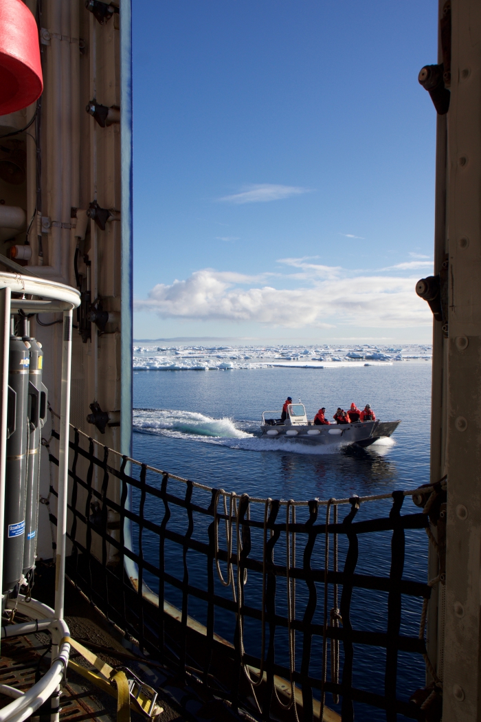 The Sikuliaq crew uses small boat missions to test if ice is safe for scientific research. Photo courtesy of  Mark Teckenbrock.