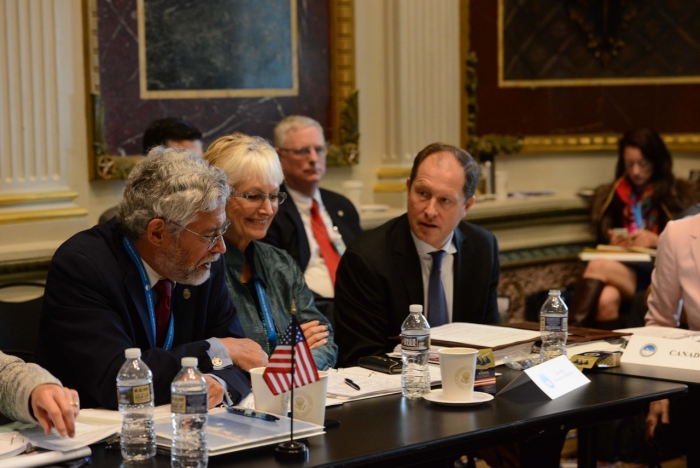 White House Arctic Science Ministerial, with Chair Dr. John Holdren, Vice-Chair Fran Ulmer, and Mark Brzezinski. Photo courtesy of U.S. Coast Guard Petty Officer 2nd Class Connie Terrell.
