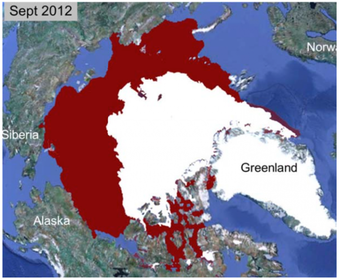 Figure 2. The spatial distribution of the Arctic sea ice loss between 1980 (red and white) and 2012 (white only).