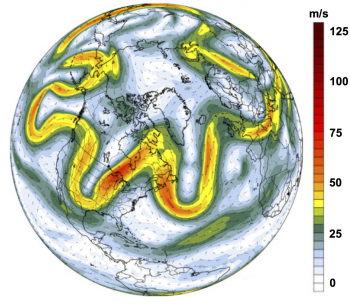 Wandering jet stream from May 14, 2014. Colors represent wind at 250 millibar from the GFS Model. (Credit: Climate Change Institute, University of Maine)