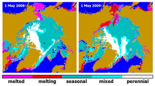 Sea Ice Distribution in May 2009 versus 2008 derived from QuikSCAT scatterometer
