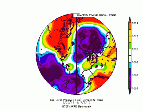 Figure 4. Map of sea level pressures (SLP) for late June early July 2013 