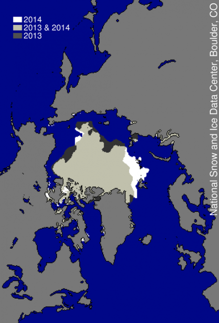 Figure 7. This image compares differences in ice-covered areas between September 17, 2014, the date of this year’s minimum, and last year’s minimum, September 13, 2013. Light gray shading indicates the region where ice occurred in both 2014 and 2013, while white and dark gray areas show ice cover unique to 2014 and to 2013, respectively.